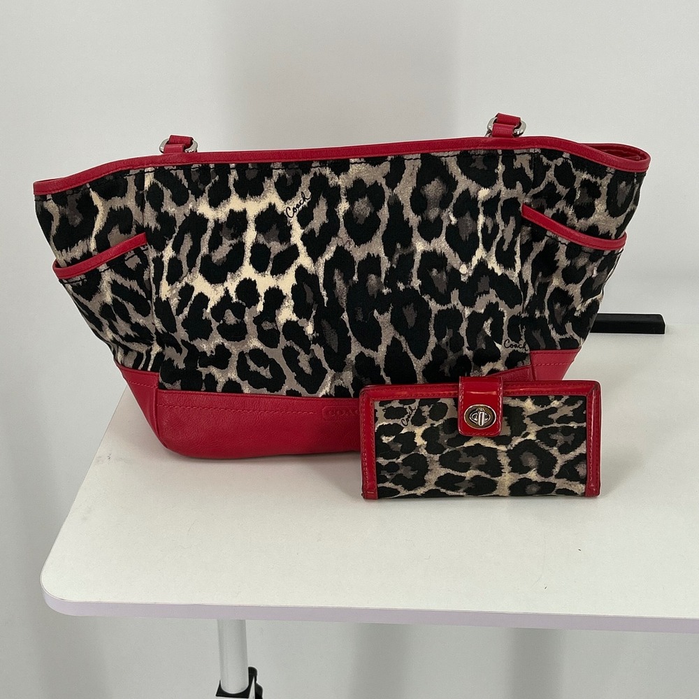 Coach Ocelot Leopard Print Tote Bag and Wallet Set Red Leather Trim E080-F23278